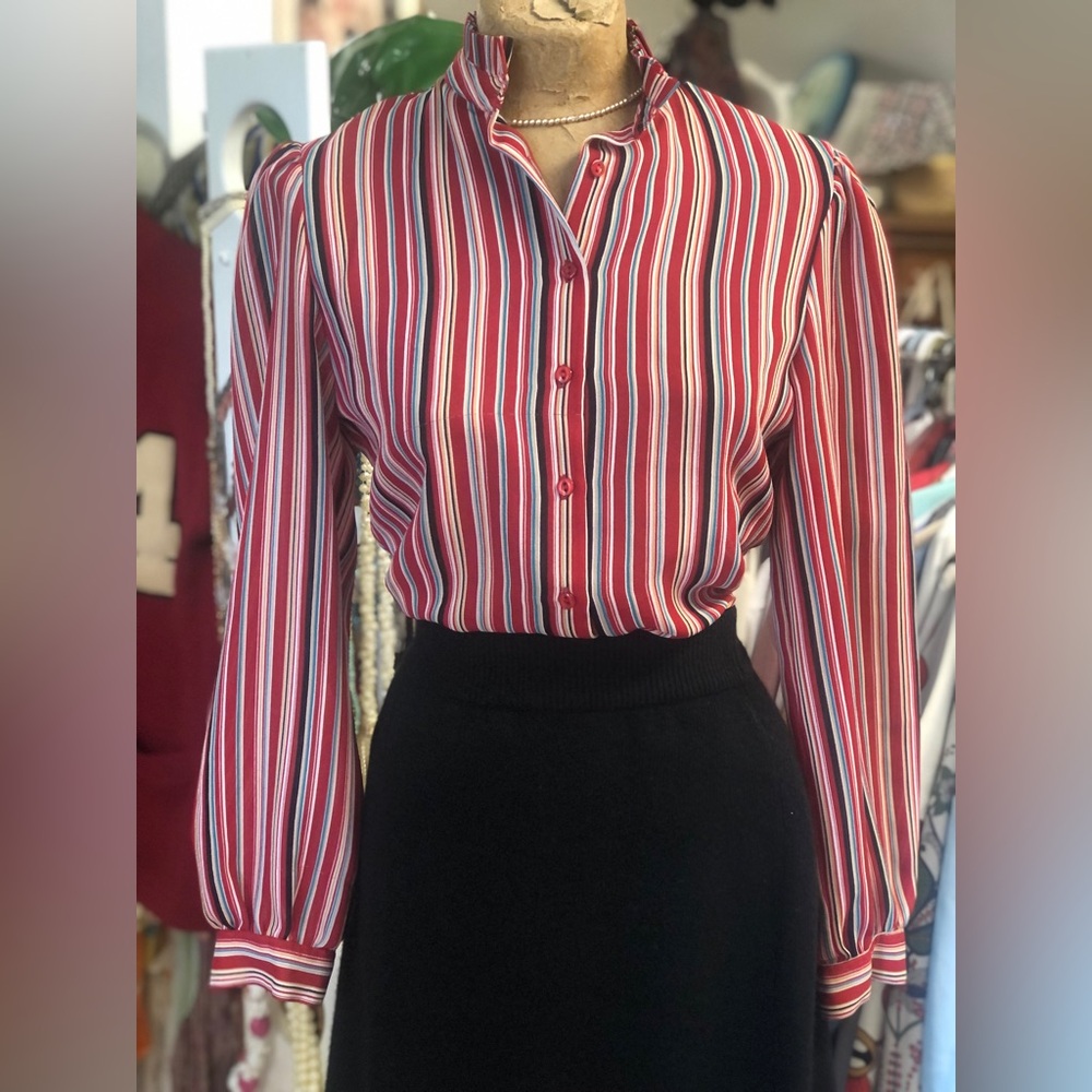 *Vintage 80’s- Panther- red striped, ruffled high neck blouse- button front